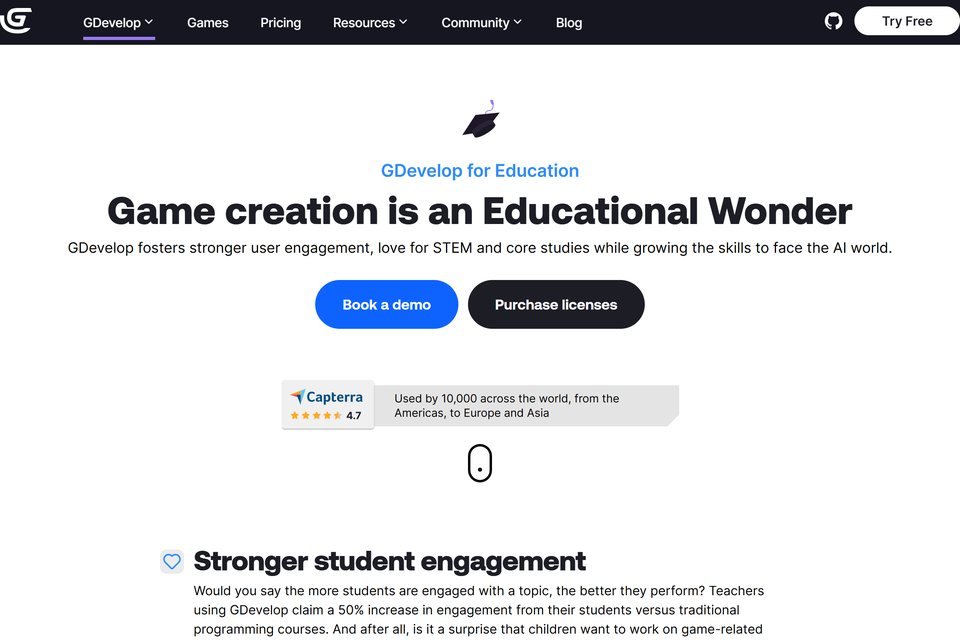 Screenshot of the GDevelop for Education page.