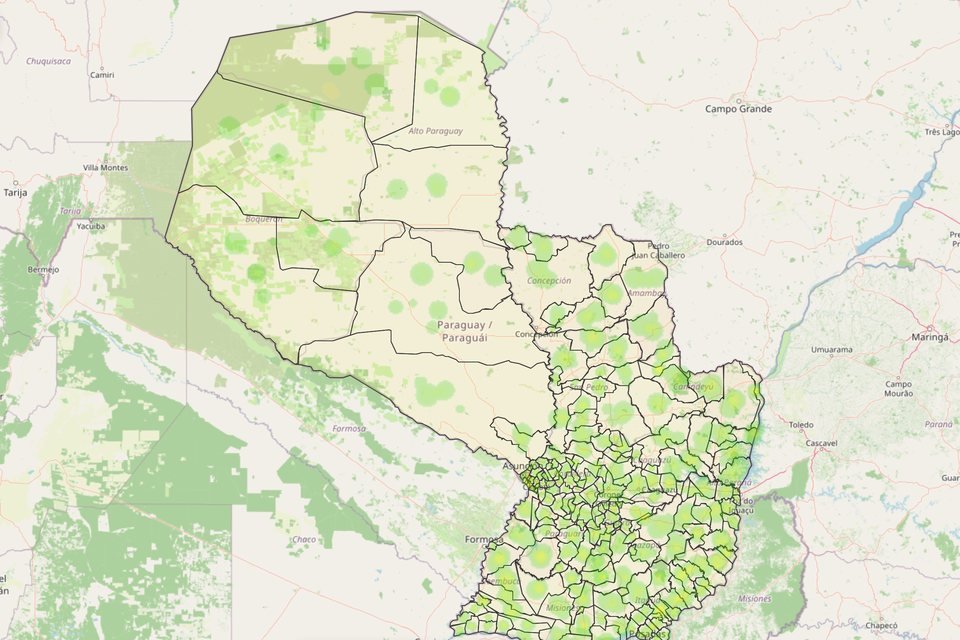 Screenshot of the MosquitOFF national map: Paraguay divided into districts, shaded by dengue risk.